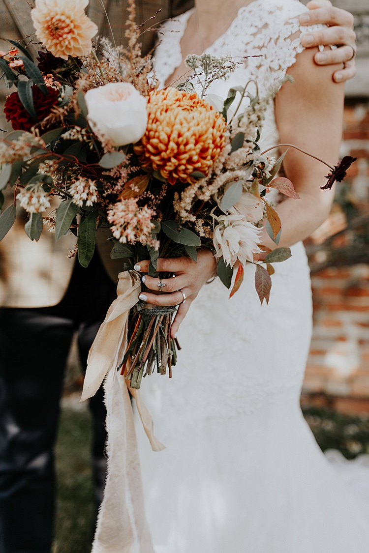 Bouquet Flowers Bride Bridal Orange Blush Oxlood Ribbon Cafe Au Lait Dahlias Roses Chrysanthemums Olive Foliage North Hidden Barn Wedding Autumn Jen Marino Photography