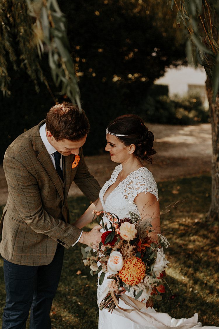 Bride Bridal Lace Gown Fit Flare Pregnant Bump Sleeves North Hidden Barn Wedding Autumn Jen Marino Photography