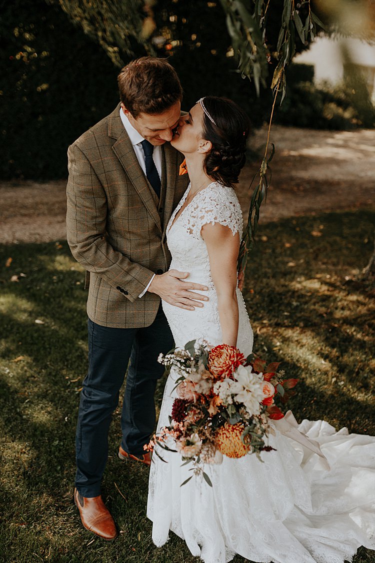 Bride Bridal Lace Gown Fit Flare Pregnant Bump Sleeves North Hidden Barn Wedding Autumn Jen Marino Photography