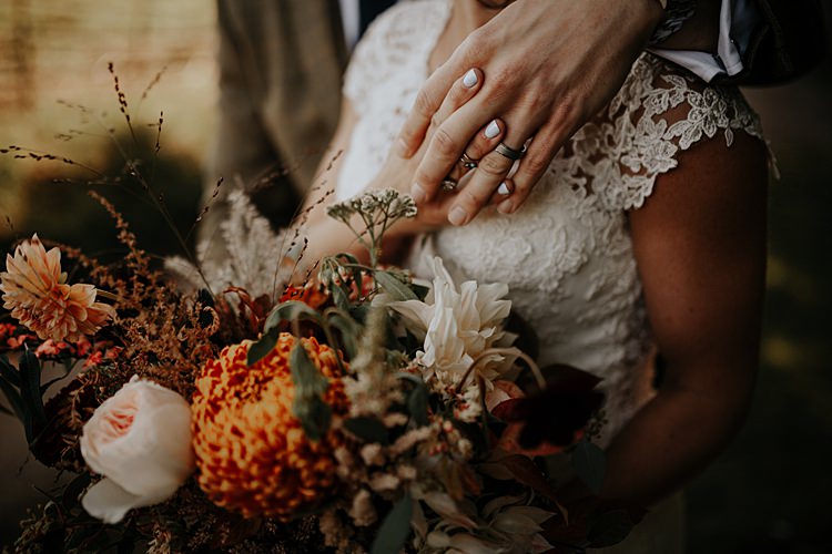 Bouquet Flowers Bride Bridal Orange Blush Oxlood Ribbon Cafe Au Lait Dahlias Roses Chrysanthemums Olive Foliage North Hidden Barn Wedding Autumn Jen Marino Photography
