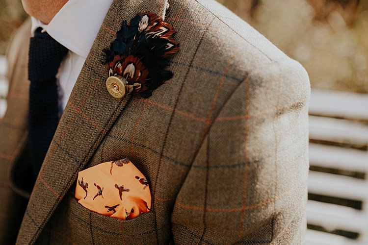 Groom Brown Check Jackets Blue Chinos Tie Groomsmen Feather Buttonhole Pocket Square Pheasants North Hidden Barn Wedding Autumn Jen Marino Photography