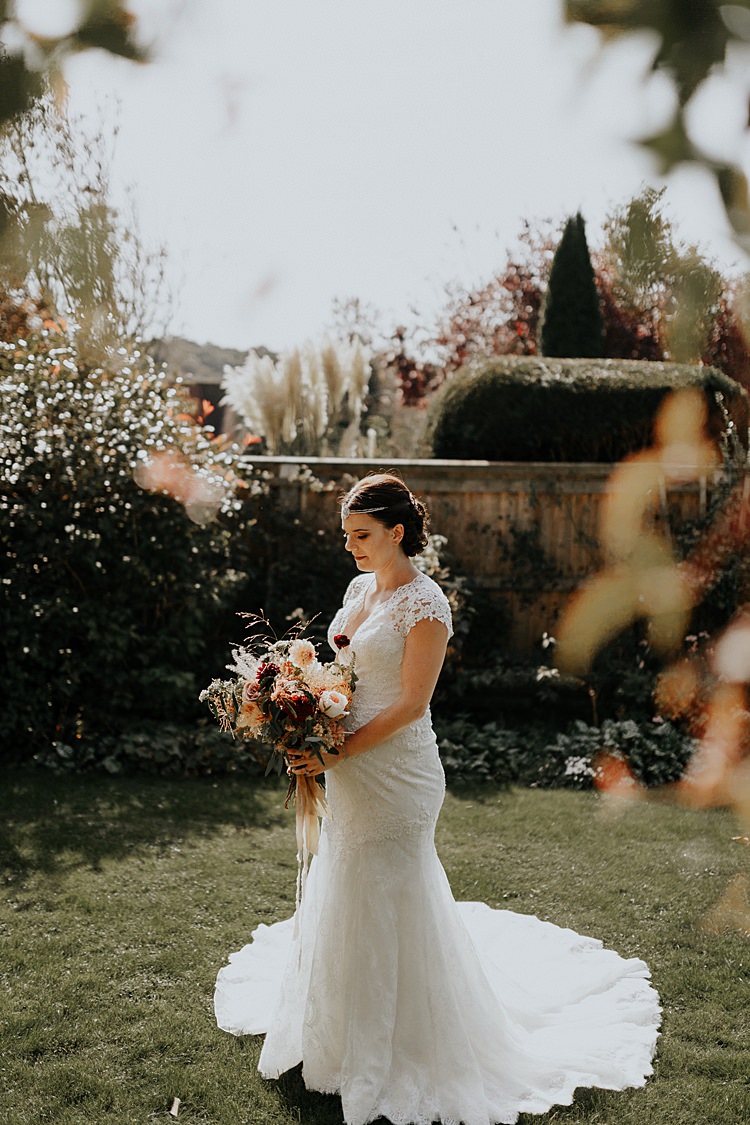 Bride Bridal Lace Gown Fit Flare Pregnant Bump Sleeves North Hidden Barn Wedding Autumn Jen Marino Photography
