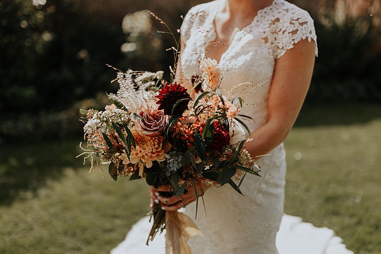 Bouquet Flowers Bride Bridal Orange Blush Oxlood Ribbon Cafe Au Lait Dahlias Roses Chrysanthemums Olive Foliage North Hidden Barn Wedding Autumn Jen Marino Photography