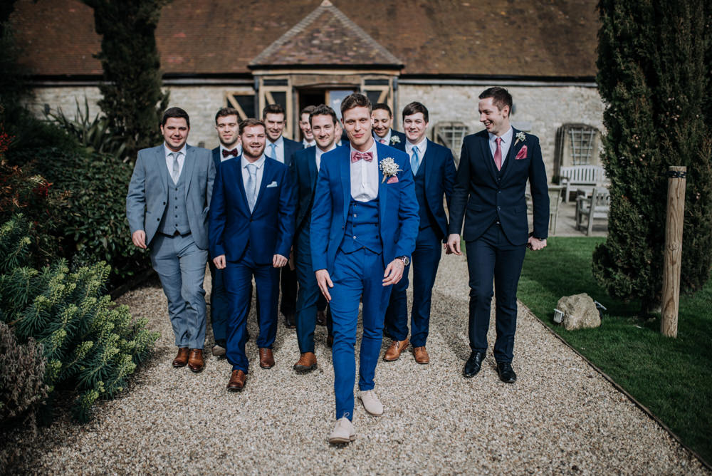 Groom Suit Blue Pink Bow Tie Groomsmen Notley Tythe Barn Wedding Kazooieloki Photography