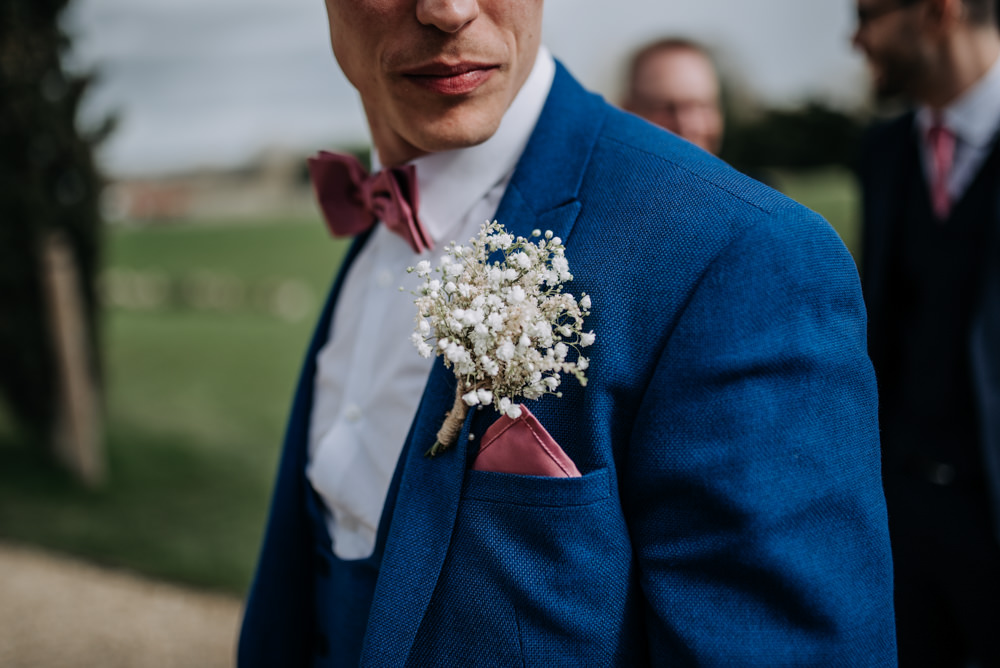 Groom Suit Blue Pink Bow Tie Buttonhole Gypsophila Notley Tythe Barn Wedding Kazooieloki Photography