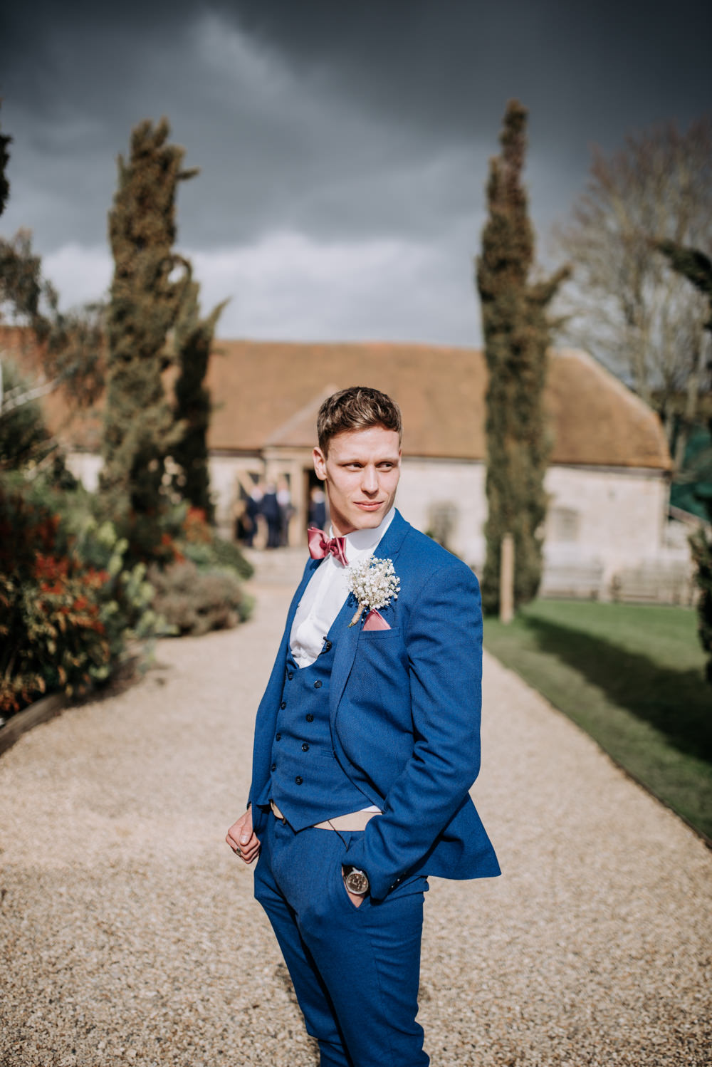 Groom Suit Blue Pink Bow Tie Notley Tythe Barn Wedding Kazooieloki Photography