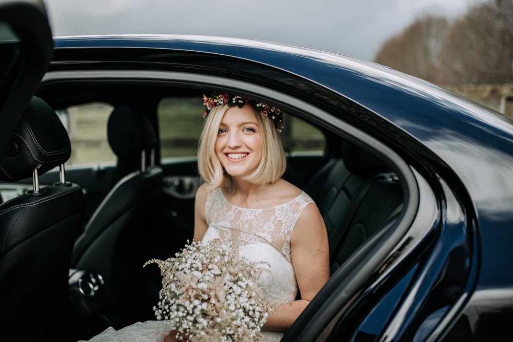 Bride Bridal Dress Gown Lace Flower Crown Short Hair Gypsophila Bouquet Astilbe Notley Tythe Barn Wedding Kazooieloki Photography