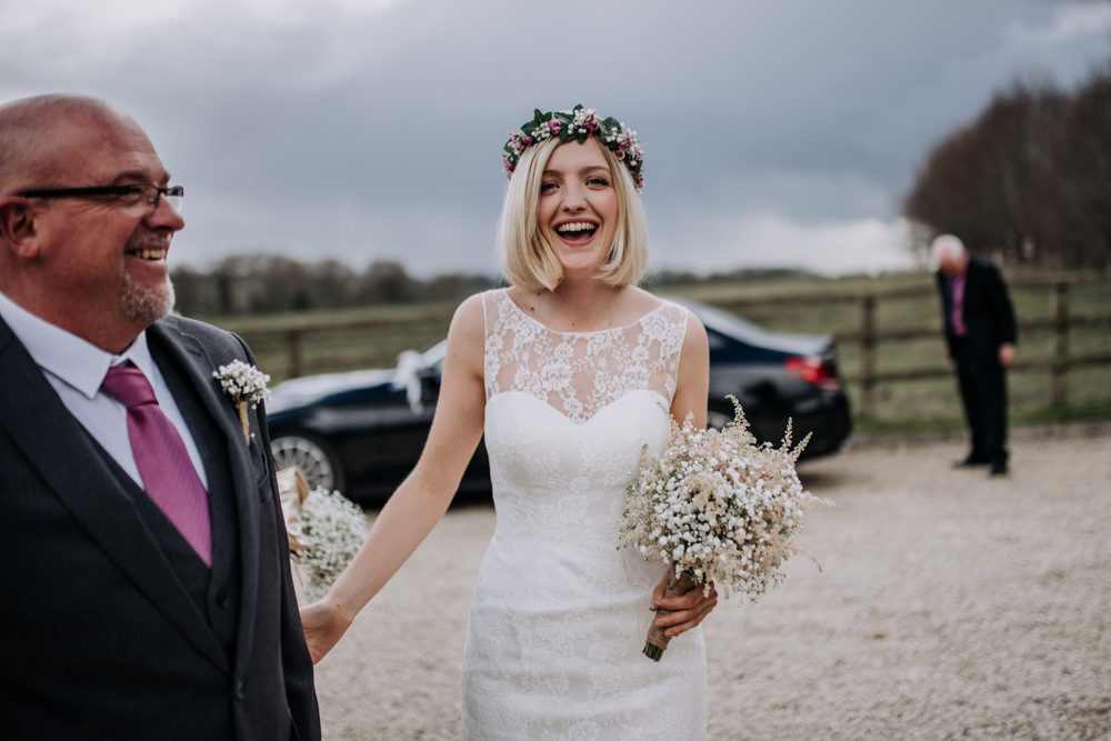 Bride Bridal Dress Gown Lace Flower Crown Short Hair Gypsophila Bouquet Astilbe Notley Tythe Barn Wedding Kazooieloki Photography