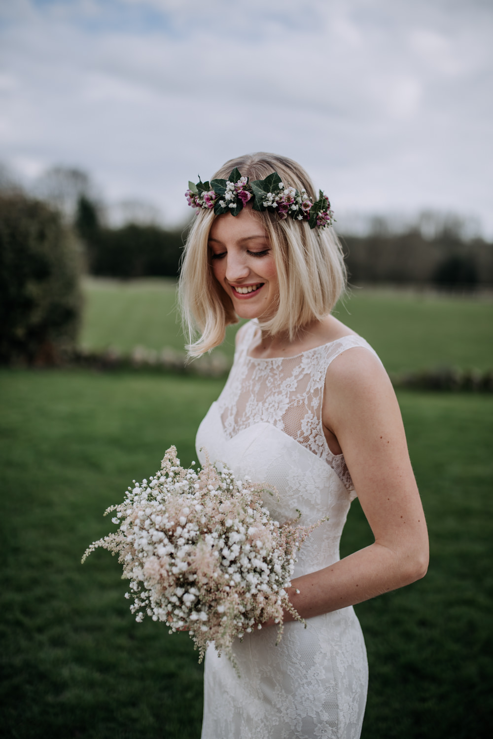 Bride Bridal Dress Gown Lace Flower Crown Short Hair Gypsophila Bouquet Astilbe Notley Tythe Barn Wedding Kazooieloki Photography
