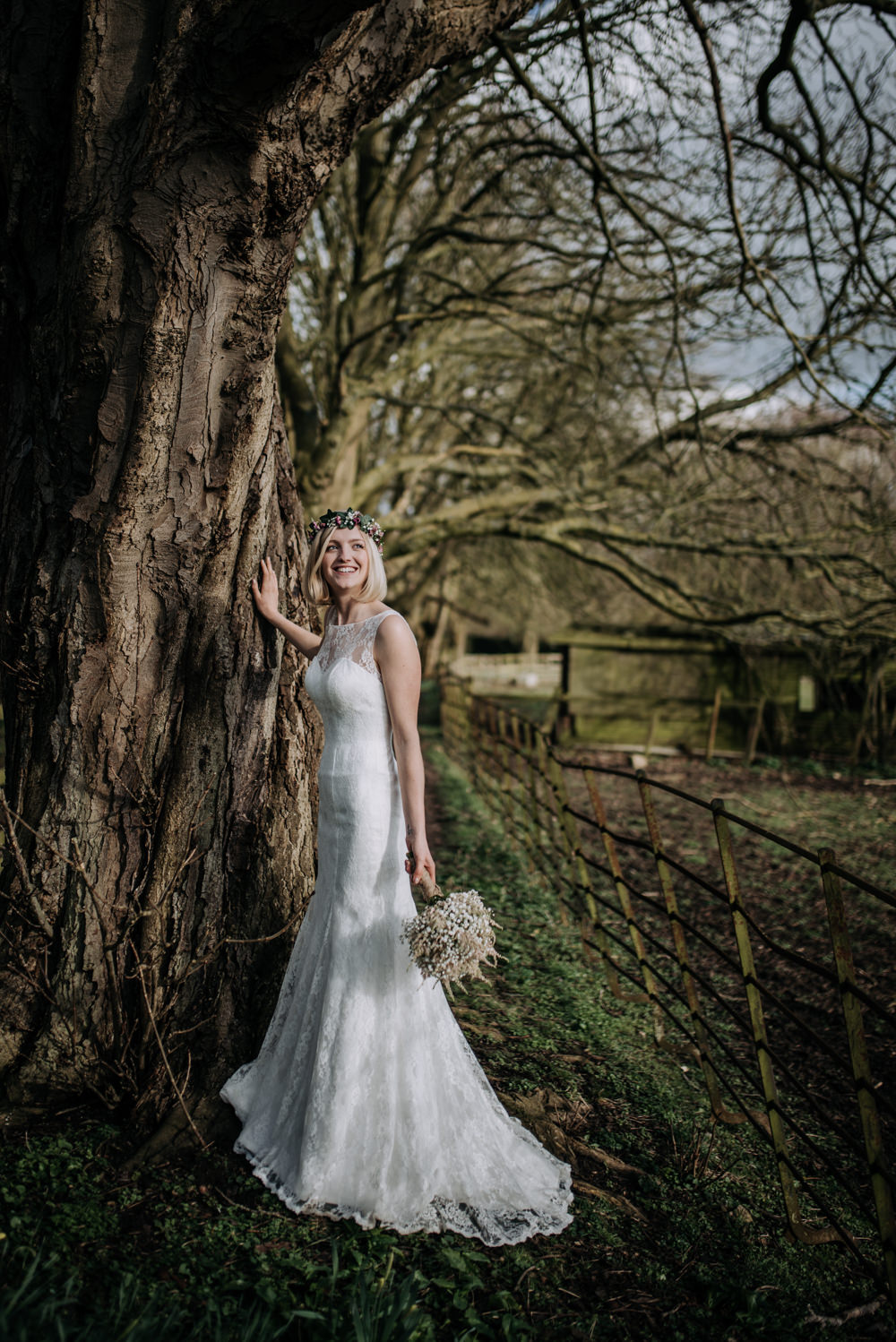 Bride Bridal Dress Gown Lace Flower Crown Short Hair Gypsophila Bouquet Astilbe Notley Tythe Barn Wedding Kazooieloki Photography