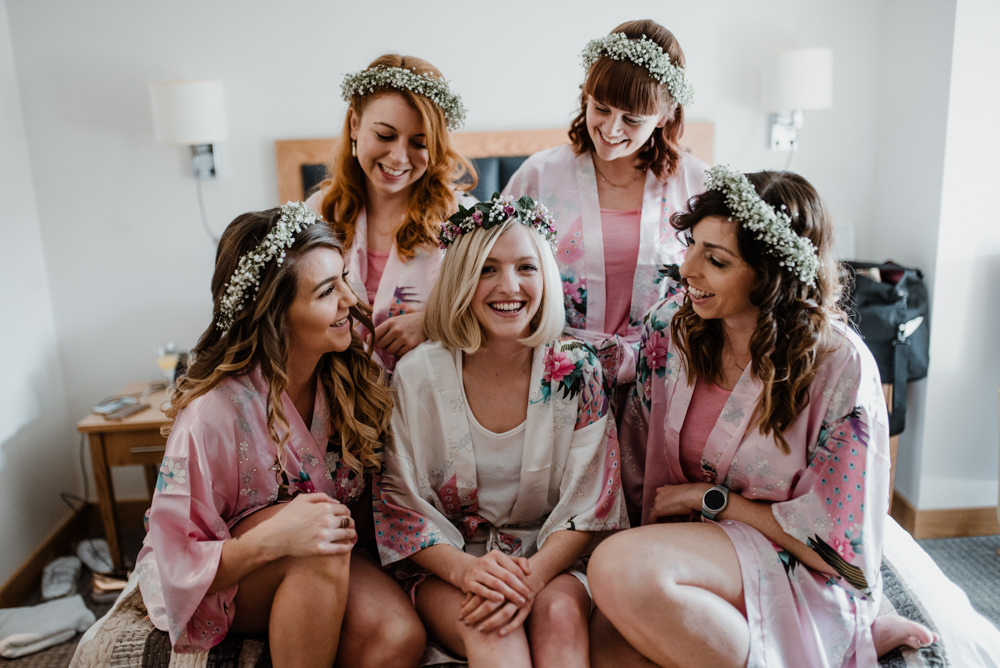 Bride Bridesmaids Robes Dressing Gowns Floral Flower Crowns Notley Tythe Barn Wedding Kazooieloki Photography