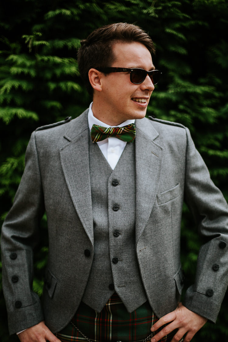 Groom Bow Tie Tartan Kilt Grey Jacket Pretty Pastel Floral Village Hall Wedding Struve Photography