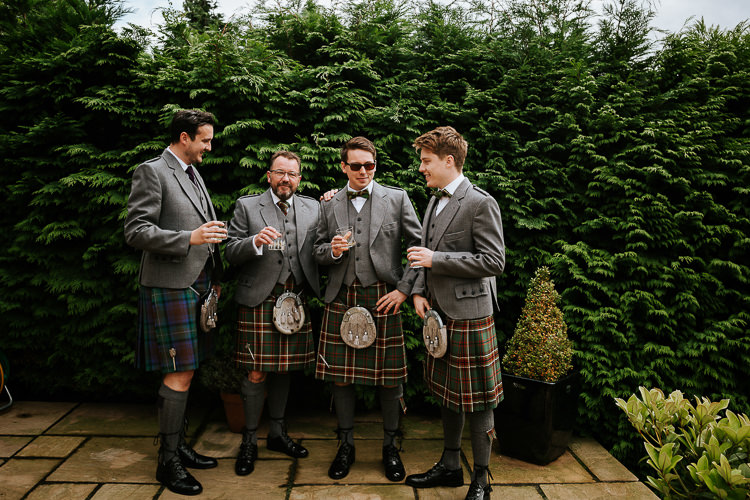 Groom Groomsmen Kilts Bow Ties Tartan Pretty Pastel Floral Village Hall Wedding Struve Photography