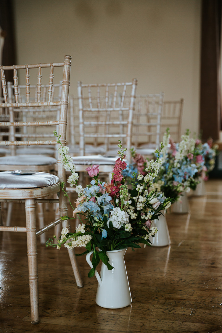 Delphiniums Roses Stocks Pink Blue White Aisle Ceremony Flowers Jugs Pretty Pastel Floral Village Hall Wedding Struve Photography