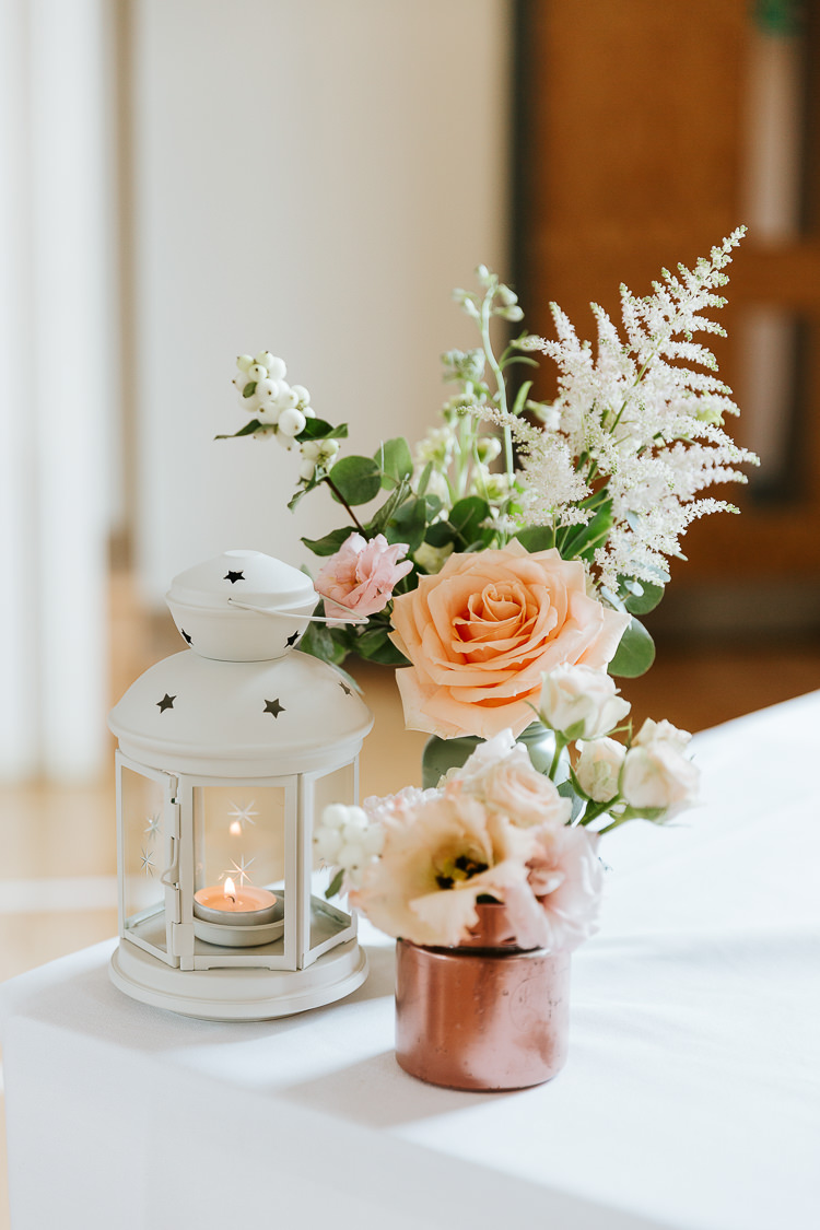Delphiniums Roses Stocks Pink Blue White Flowers Rose Dahlia Astilbe Poppy Lanterns Candle Pretty Pastel Floral Village Hall Wedding Struve Photography