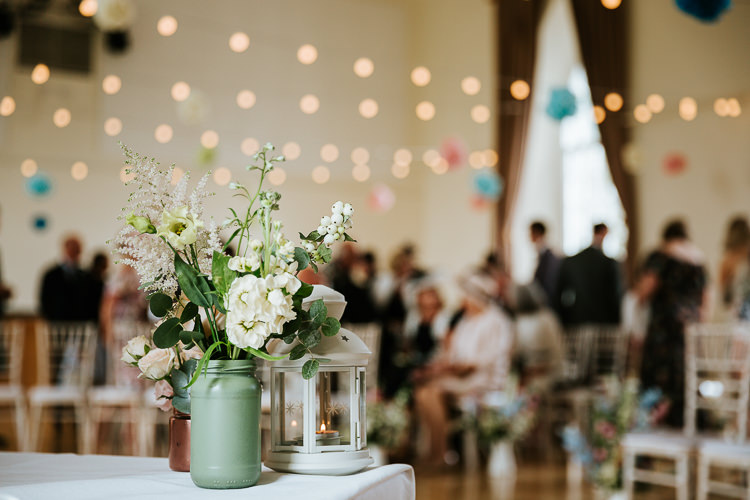 Delphiniums Roses Stocks Pink Blue White Flowers Rose Dahlia Astilbe Kilner Jar Painted Pretty Pastel Floral Village Hall Wedding Struve Photography