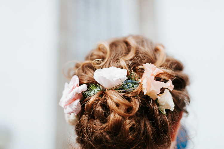 Hair Style Up Do Bride Bridesmaid Flowers Pretty Pastel Floral Village Hall Wedding Struve Photography