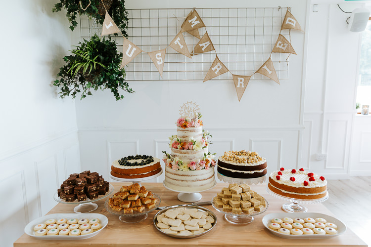 Cake Table Treats Sweets Dessert Hessian Bunting Pretty Pastel Floral Village Hall Wedding Struve Photography