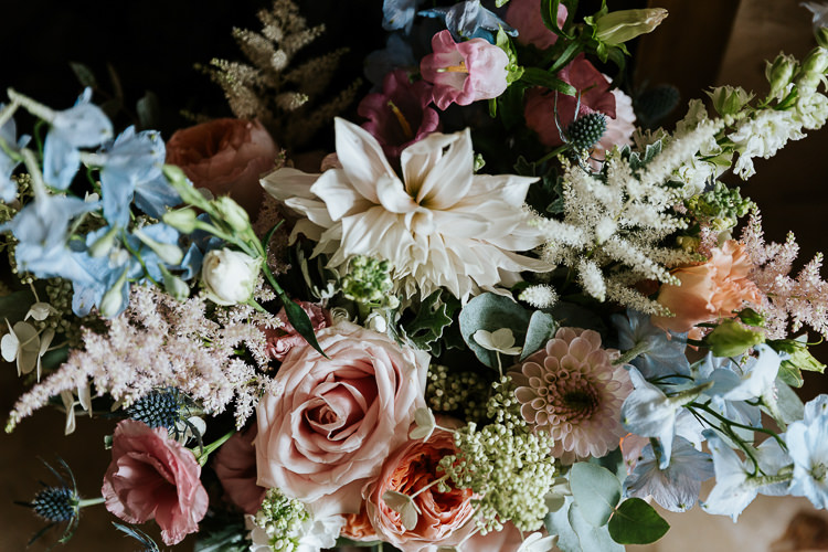 Delphiniums Roses Stocks Pink Blue White Flowers Rose Dahlia Astilbe Pretty Pastel Floral Village Hall Wedding Struve Photography