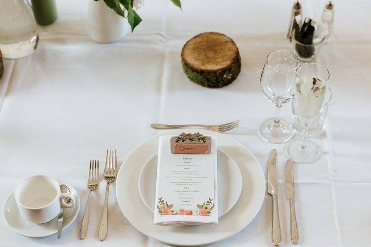 Stationery Menu Log Slice Place Setting Pretty Pastel Floral Village Hall Wedding Struve Photography