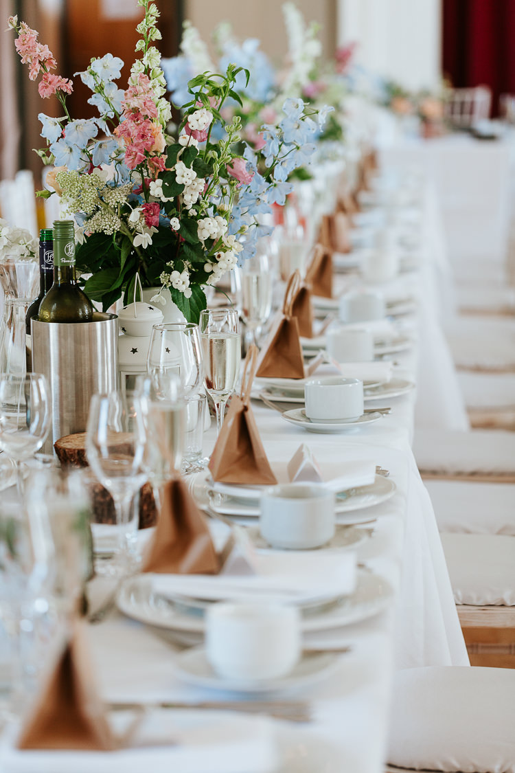 Long Tables Tall Flowers Pink Blue Pretty Pastel Floral Village Hall Wedding Struve Photography
