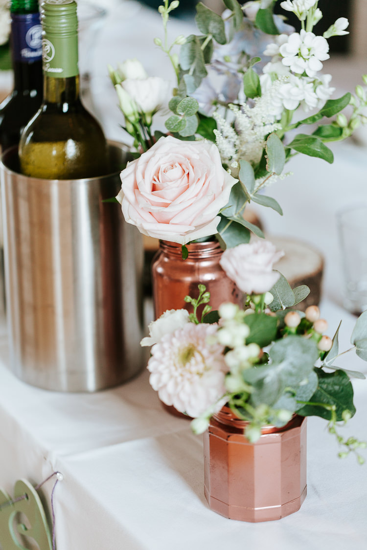 Rose Stocks Dahlia Jar Bottle Copper Flowers Pretty Pastel Floral Village Hall Wedding Struve Photography