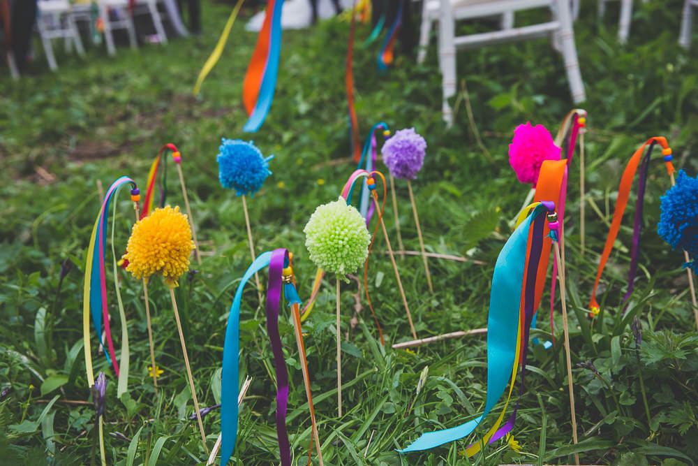 Pom Pom Ribbon Sticks Wands Ceremony Rainbow Alternative Woodland Wedding Ideas Nicki Shea Photography