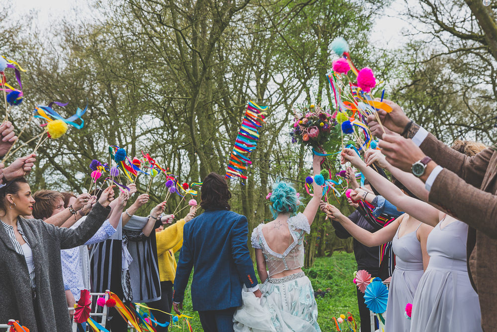 Pom Pom Wands Confetti Rainbow Alternative Woodland Wedding Ideas Nicki Shea Photography