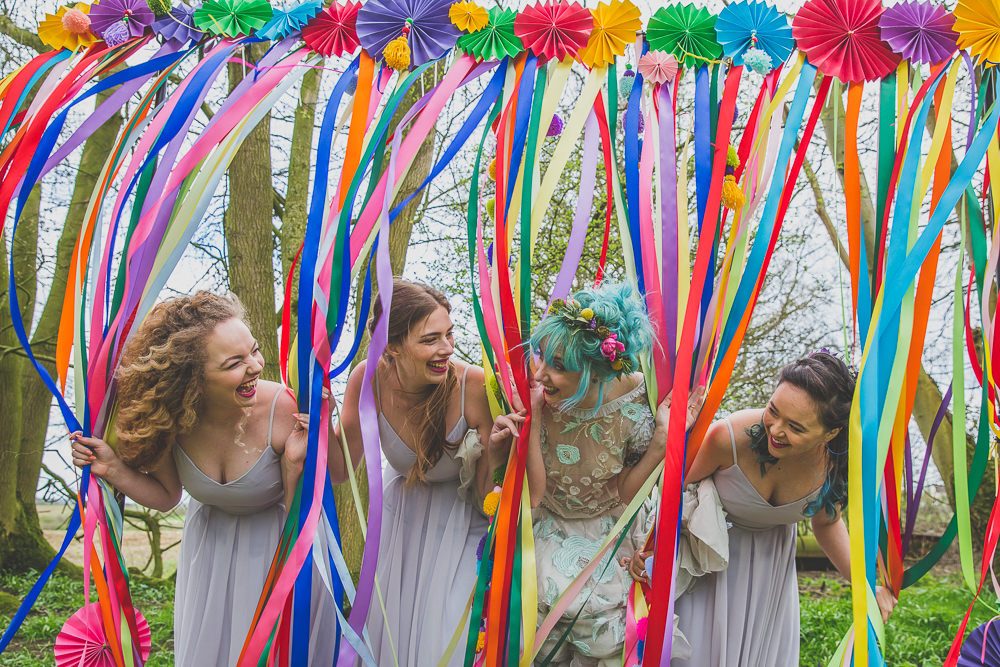 Curtain Ribbon Backdrop Pinwheels Bridesmaids Dresses Rainbow Alternative Woodland Wedding Ideas Nicki Shea Photography