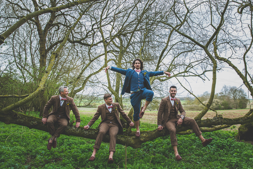 Groom Groomsmen Suits Tweed Navy Brown Pink Bow Tie Rainbow Alternative Woodland Wedding Ideas Nicki Shea Photography