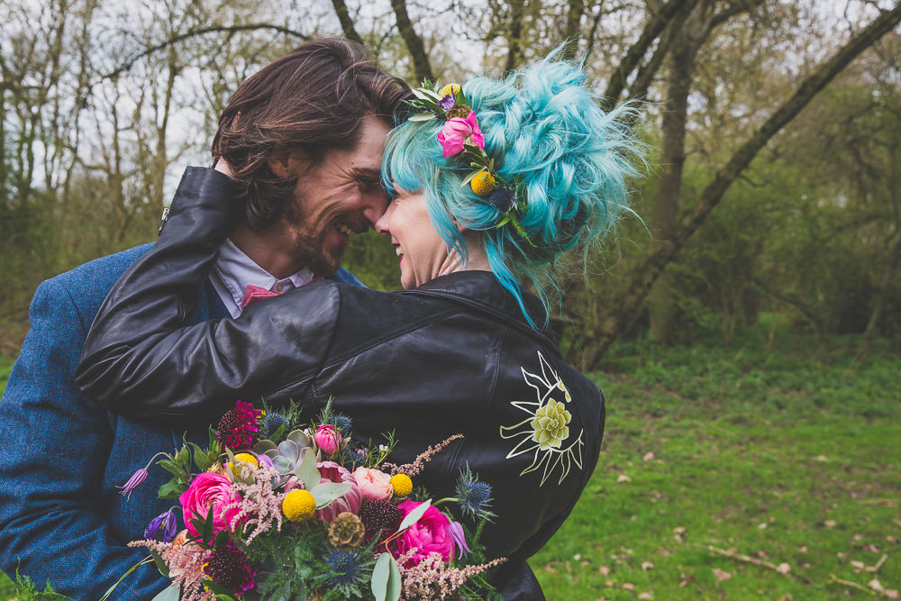 Dress Gown Bride Bridal Painted Leather Jacket Rainbow Alternative Woodland Wedding Ideas Nicki Shea Photography