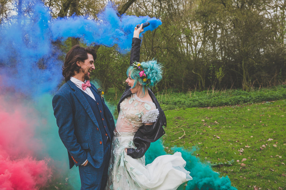 Smoke Bombs Rainbow Alternative Woodland Wedding Ideas Nicki Shea Photography