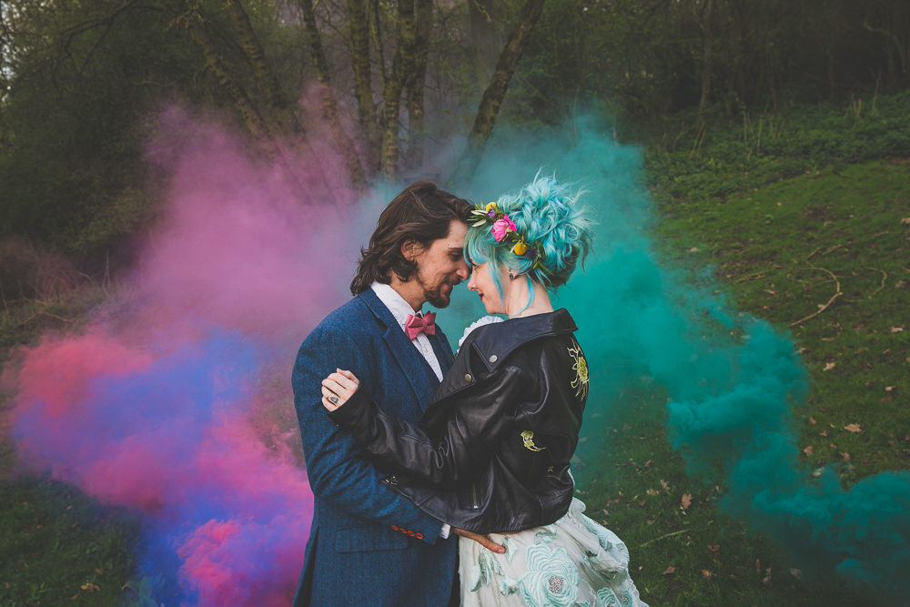 Smoke Bombs Rainbow Alternative Woodland Wedding Ideas Nicki Shea Photography