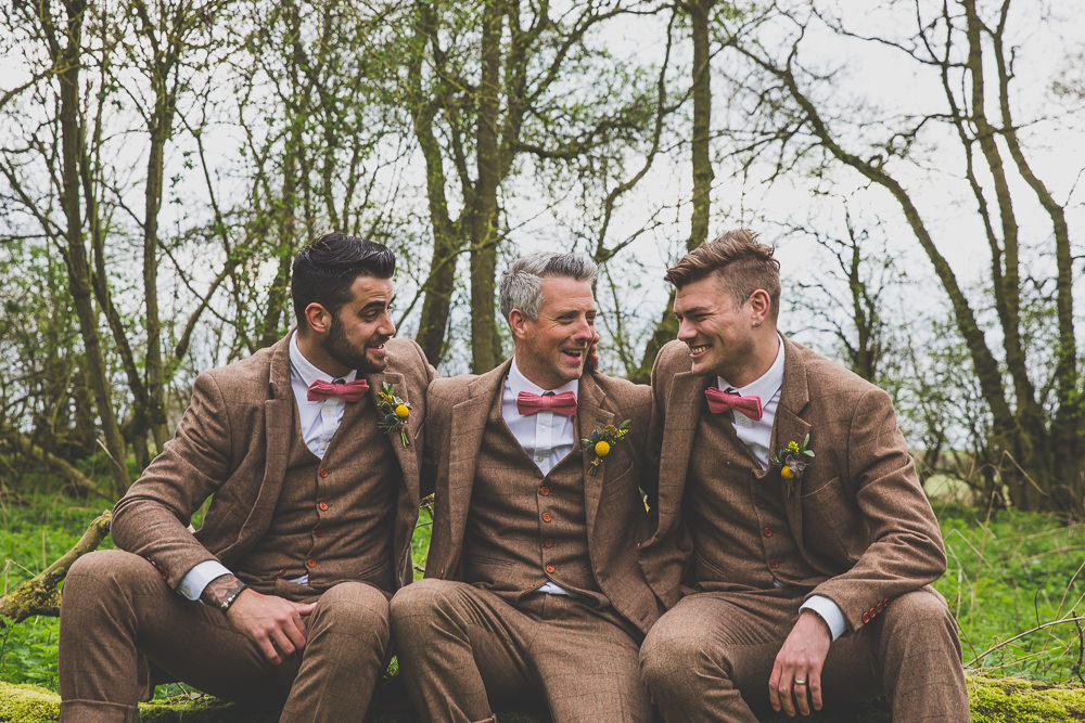 Groom Groomsmen Suits Tweed Brown Pink Bow Tie Rainbow Alternative Woodland Wedding Ideas Nicki Shea Photography