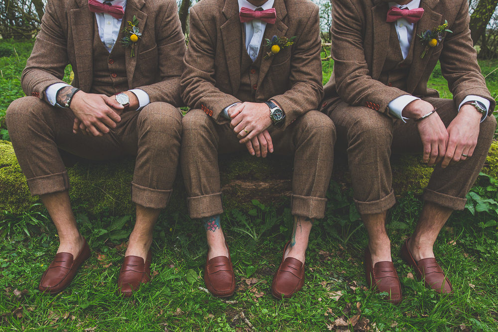 Groom Groomsmen Suits Tweed Loafers Brown Pink Bow Tie Rainbow Alternative Woodland Wedding Ideas Nicki Shea Photography