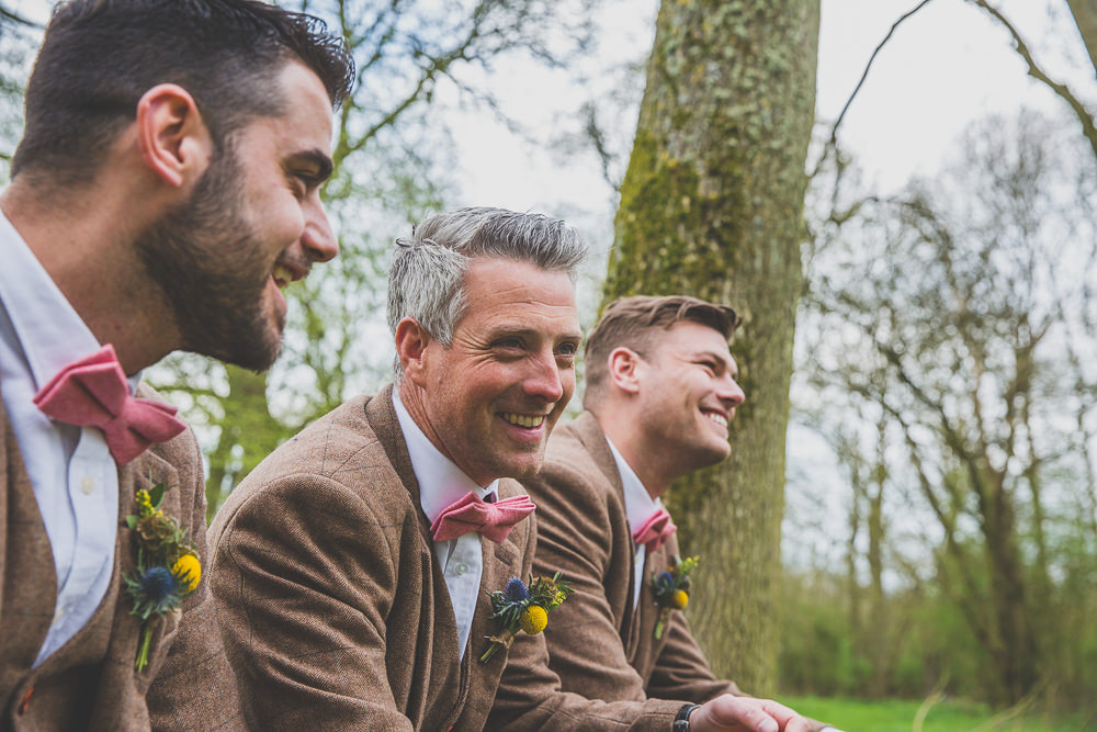 Groom Groomsmen Suits Tweed Brown Pink Bow Tie Rainbow Alternative Woodland Wedding Ideas Nicki Shea Photography