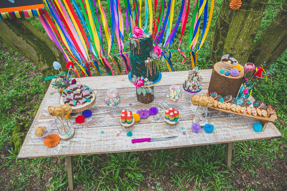 Cake Table Treats Rainbow Alternative Woodland Wedding Ideas Nicki Shea Photography