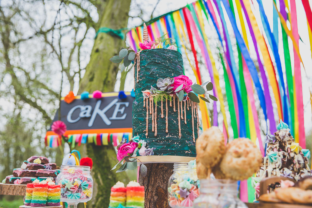Cake Table Treats Drip Green Gold Rainbow Alternative Woodland Wedding Ideas Nicki Shea Photography