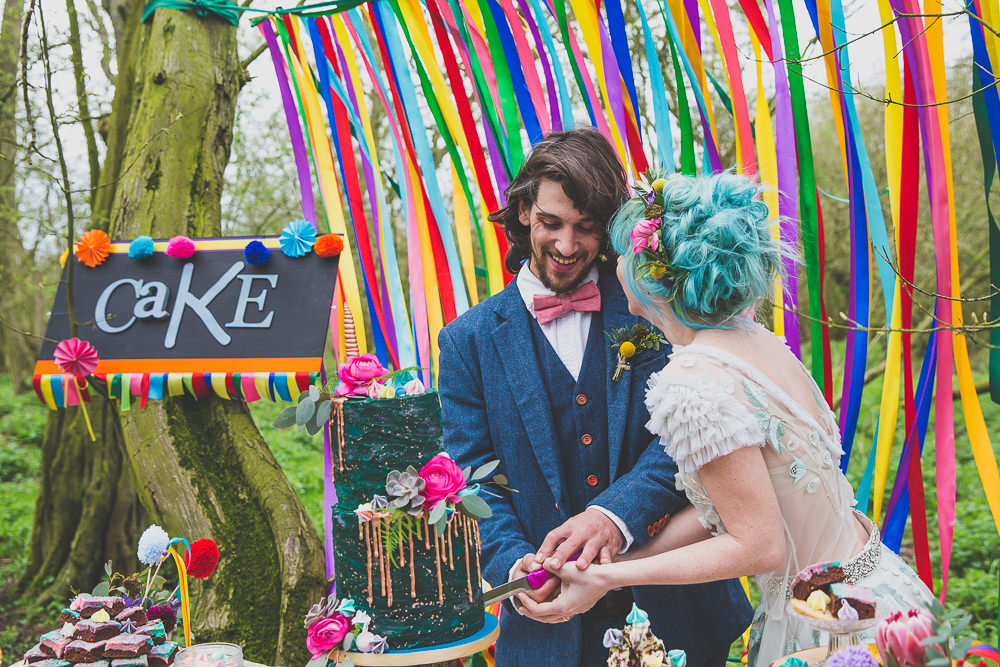 Curtain Ribbon Backdrop Pinwheels Cake Table Rainbow Alternative Woodland Wedding Ideas Nicki Shea Photography