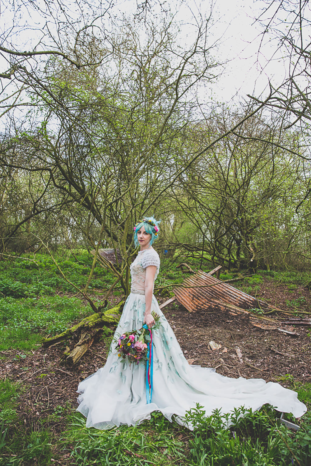 Floral Dress Gown Bride Bridal Embroidered Sheer Blue Rainbow Alternative Woodland Wedding Ideas Nicki Shea Photography