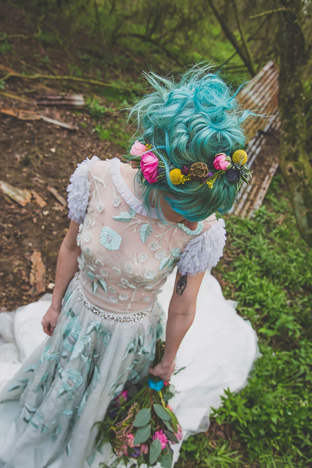 Floral Dress Gown Bride Bridal Embroidered Sheer Blue Rainbow Alternative Woodland Wedding Ideas Nicki Shea Photography