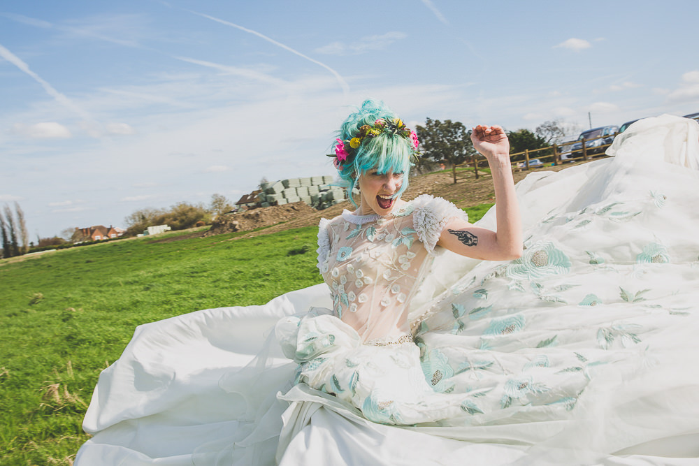Floral Dress Gown Bride Bridal Embroidered Sheer Blue Rainbow Alternative Woodland Wedding Ideas Nicki Shea Photography