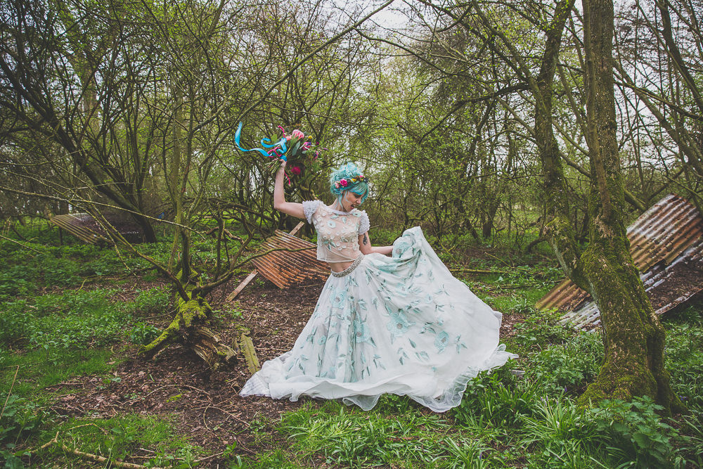 Floral Dress Gown Bride Bridal Embroidered Sheer Blue Skirt Top Rainbow Alternative Woodland Wedding Ideas Nicki Shea Photography