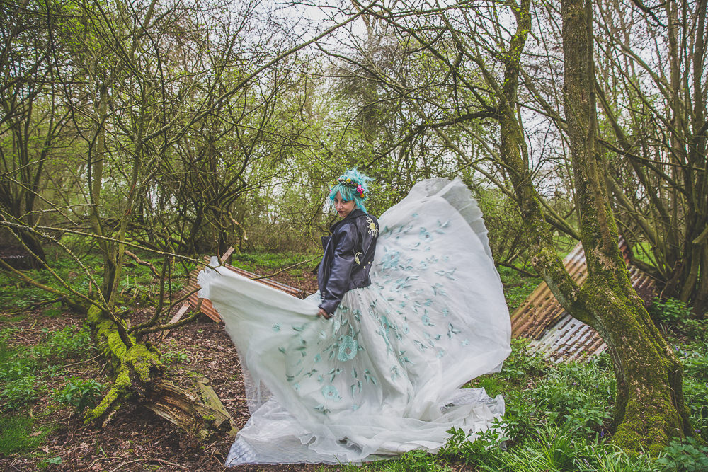 Dress Gown Bride Bridal Painted Leather Jacket Rainbow Alternative Woodland Wedding Ideas Nicki Shea Photography