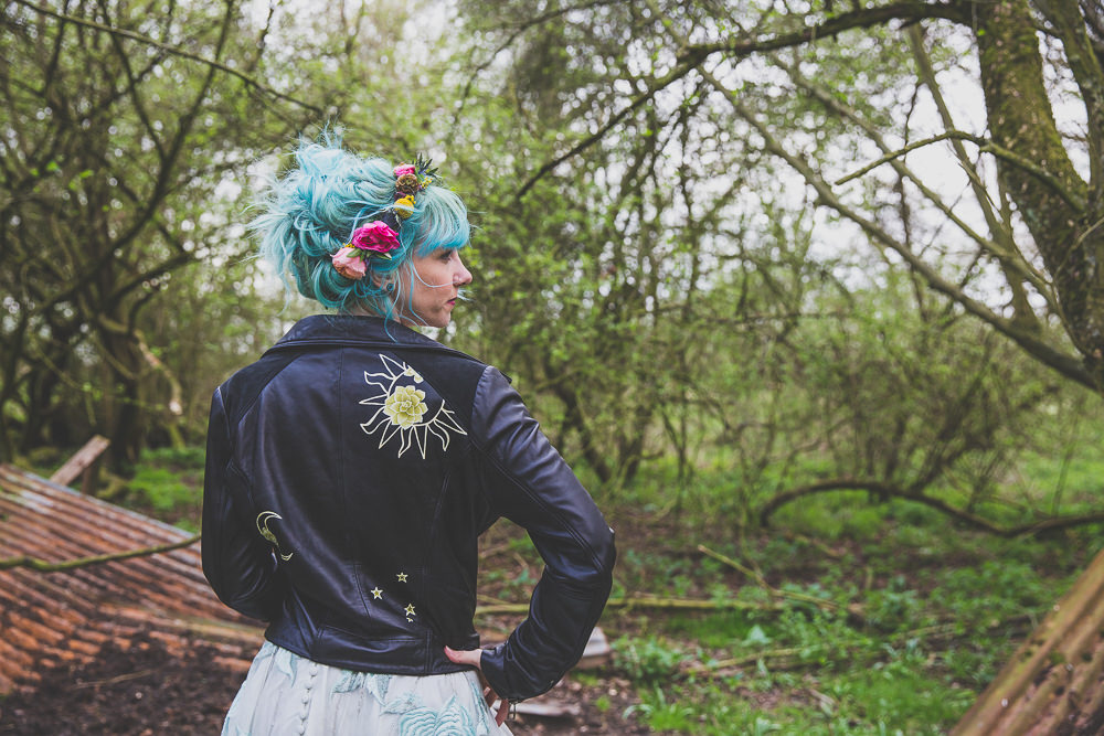 Dress Gown Bride Bridal Painted Leather Jacket Rainbow Alternative Woodland Wedding Ideas Nicki Shea Photography