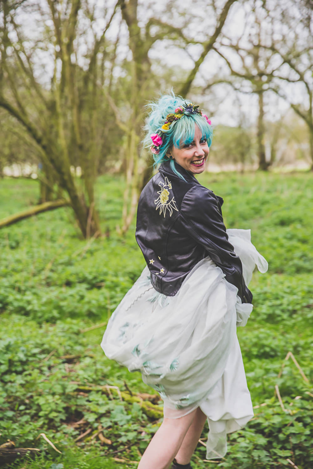 Dress Gown Bride Bridal Painted Leather Jacket Rainbow Alternative Woodland Wedding Ideas Nicki Shea Photography