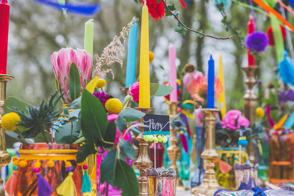 Decor Candles Flowers Table Tablescape Gold Rainbow Alternative Woodland Wedding Ideas Nicki Shea Photography