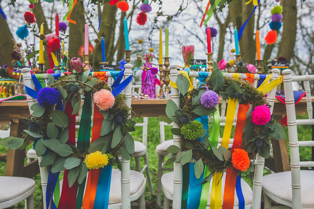 Decor Candles Flowers Table Tablescape Gold Chairs Pom Poms Ribbon Rainbow Alternative Woodland Wedding Ideas Nicki Shea Photography