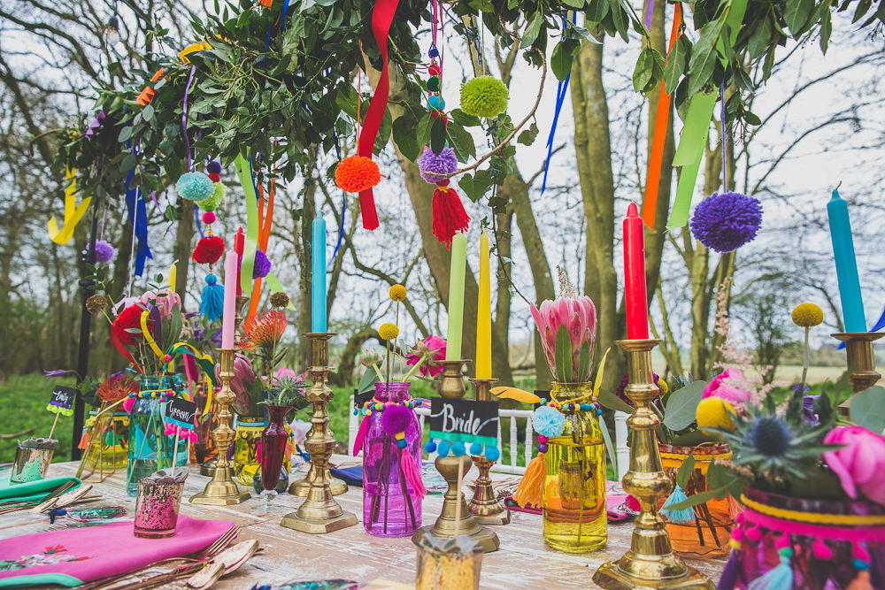 Decor Candles Flowers Table Tablescape Gold Greenery Rainbow Alternative Woodland Wedding Ideas Nicki Shea Photography