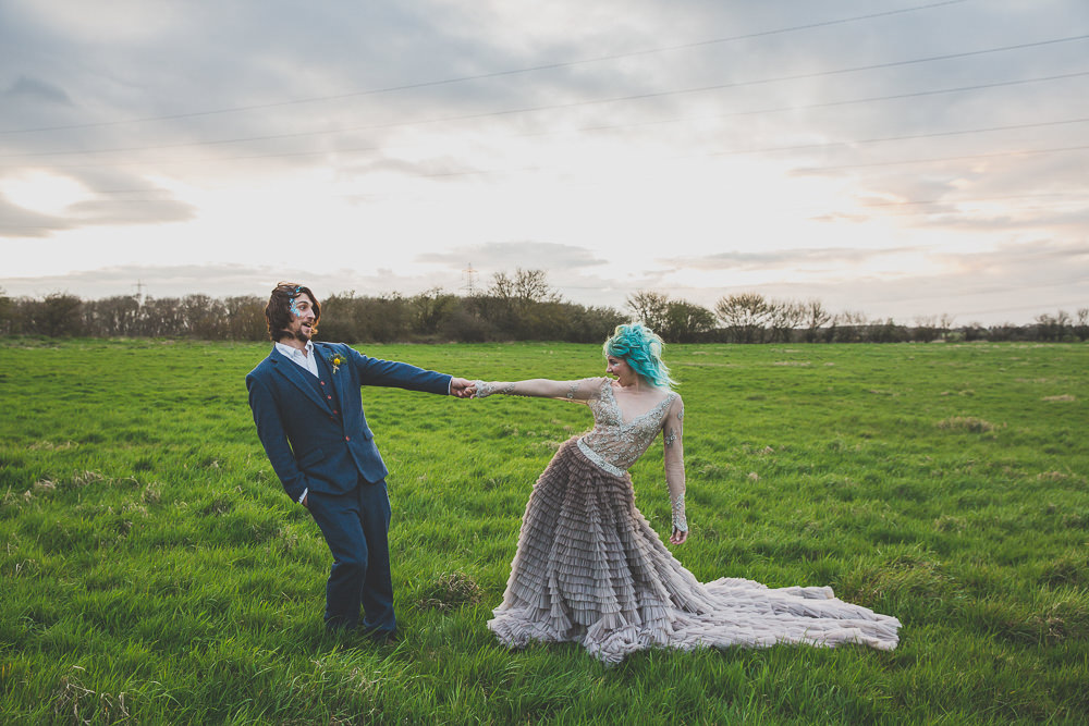 Dress Gown Bride Bridal Grey Ruffle Rainbow Alternative Woodland Wedding Ideas Nicki Shea Photography